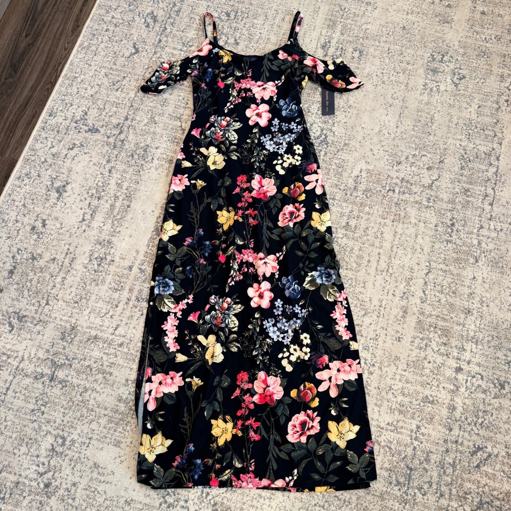 NWT RACHEL ROY Black Floral Cold Shoulder Maxi Dress Side Slit Size‎ M